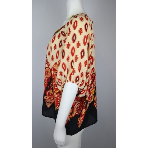 MIAMI - WOMEN'S BEIGE & RED PRINT TOP - BEADED NECKLINE - SIZE M - Picture 3 of 6